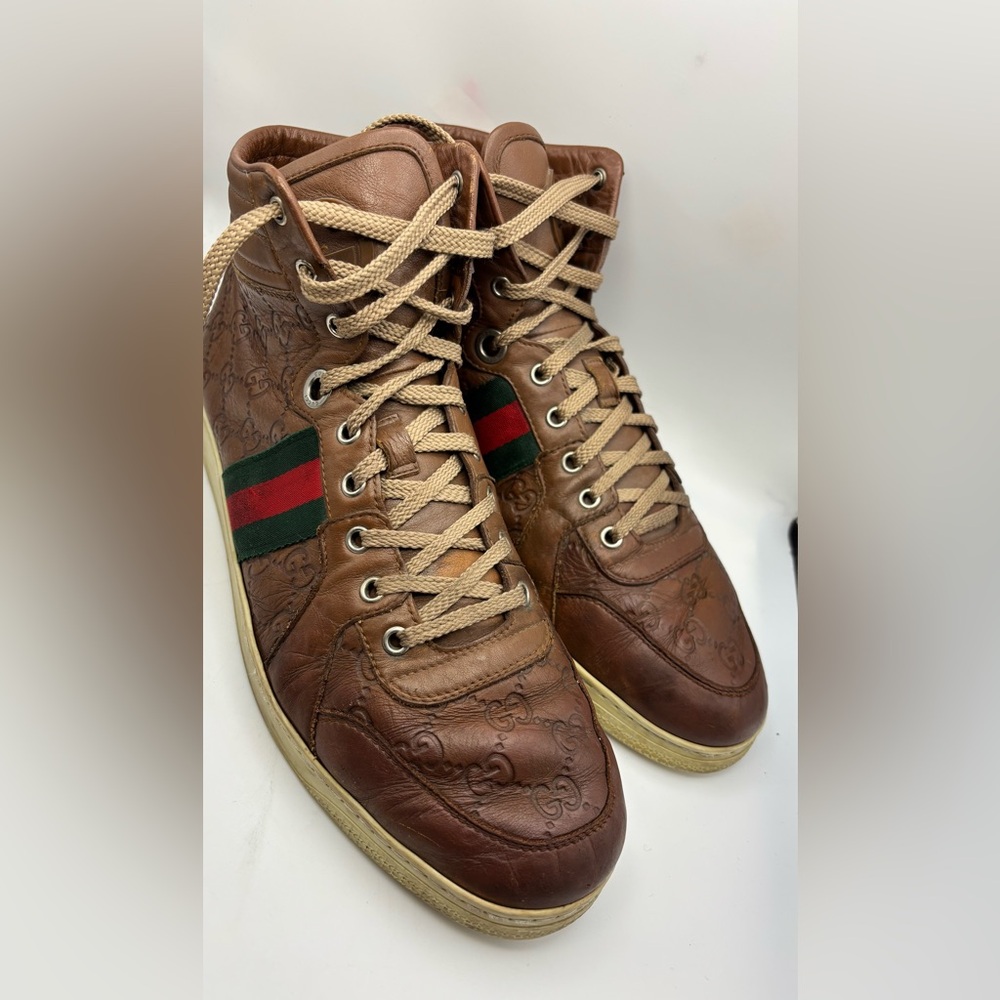 Gucci Guccissima High Top Sneakers Brown Leather Web Stripe Men’s 10.5 - Picture 4 of 13
